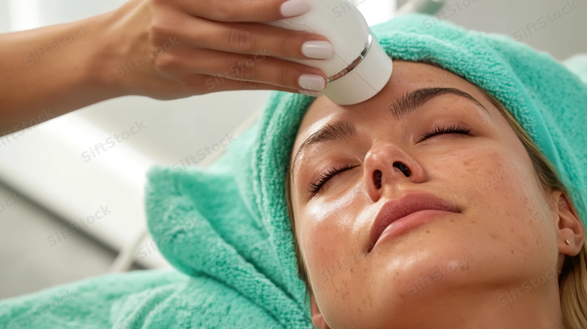 Woman receiving facial treatment with skincare device in spa setting