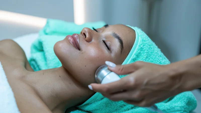 Woman receiving facial ultrasound treatment in spa setting with towel on head
