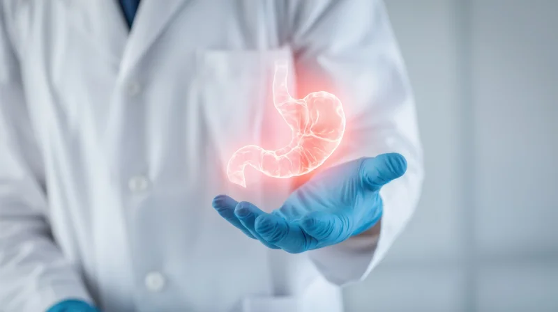 Doctor in lab coat holding holographic projection of glowing stomach in palm