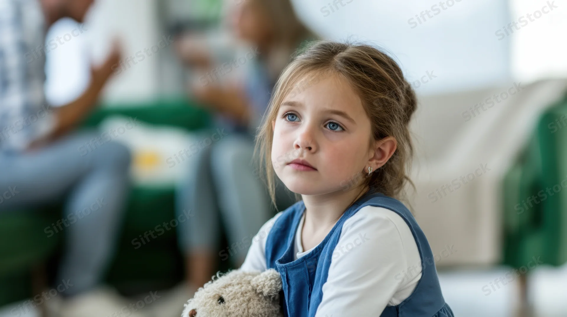 Young girl holding teddy bear with serious expression while parents converse in blurred background at home