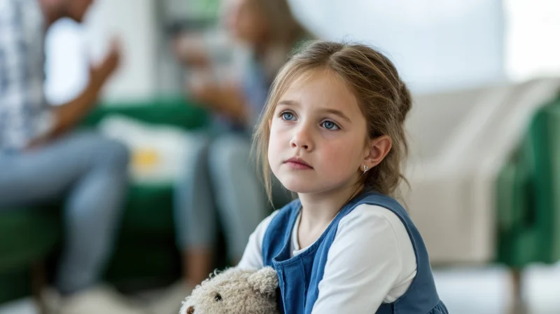 Young girl holding teddy bear with serious expression while parents converse in blurred background at home