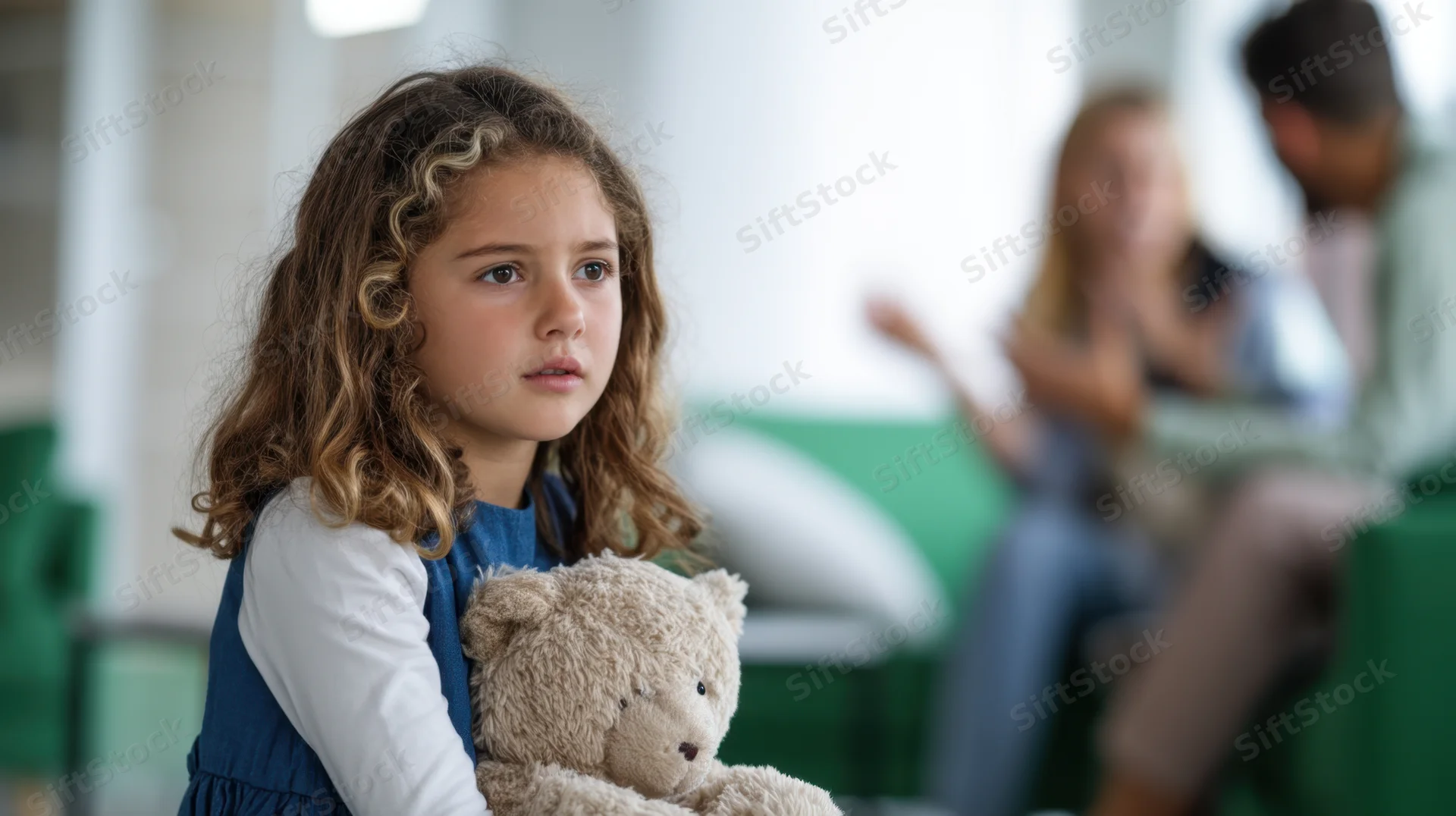 Young girl holding a teddy bear while parents argue in the background at home