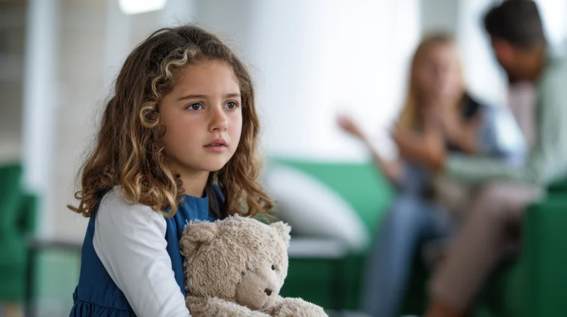 Young girl holding a teddy bear while parents argue in the background at home