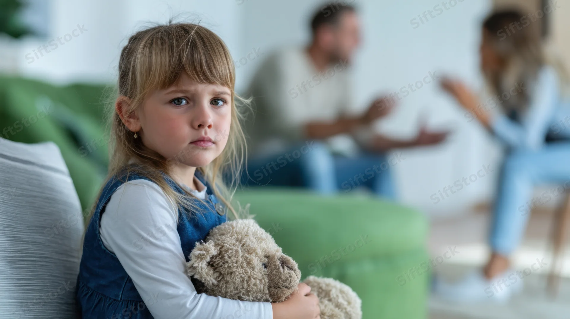 Young girl holding teddy bear while parents argue in background at home