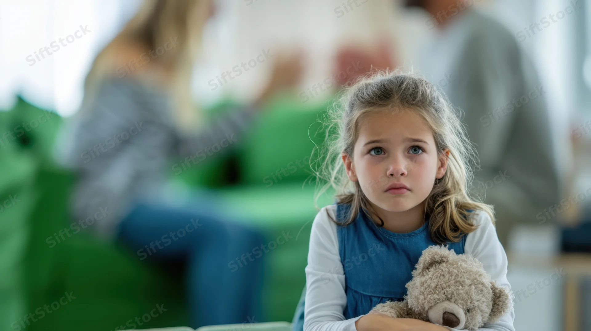 Young girl holding teddy bear with concerned expression while parents converse in background