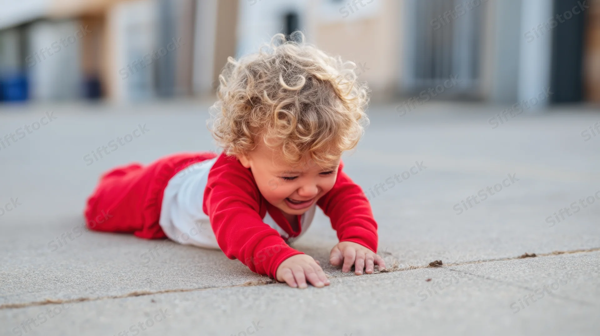 Toddler crawling on pavement in red pajamas with white shirt, smiling with curly blonde hair