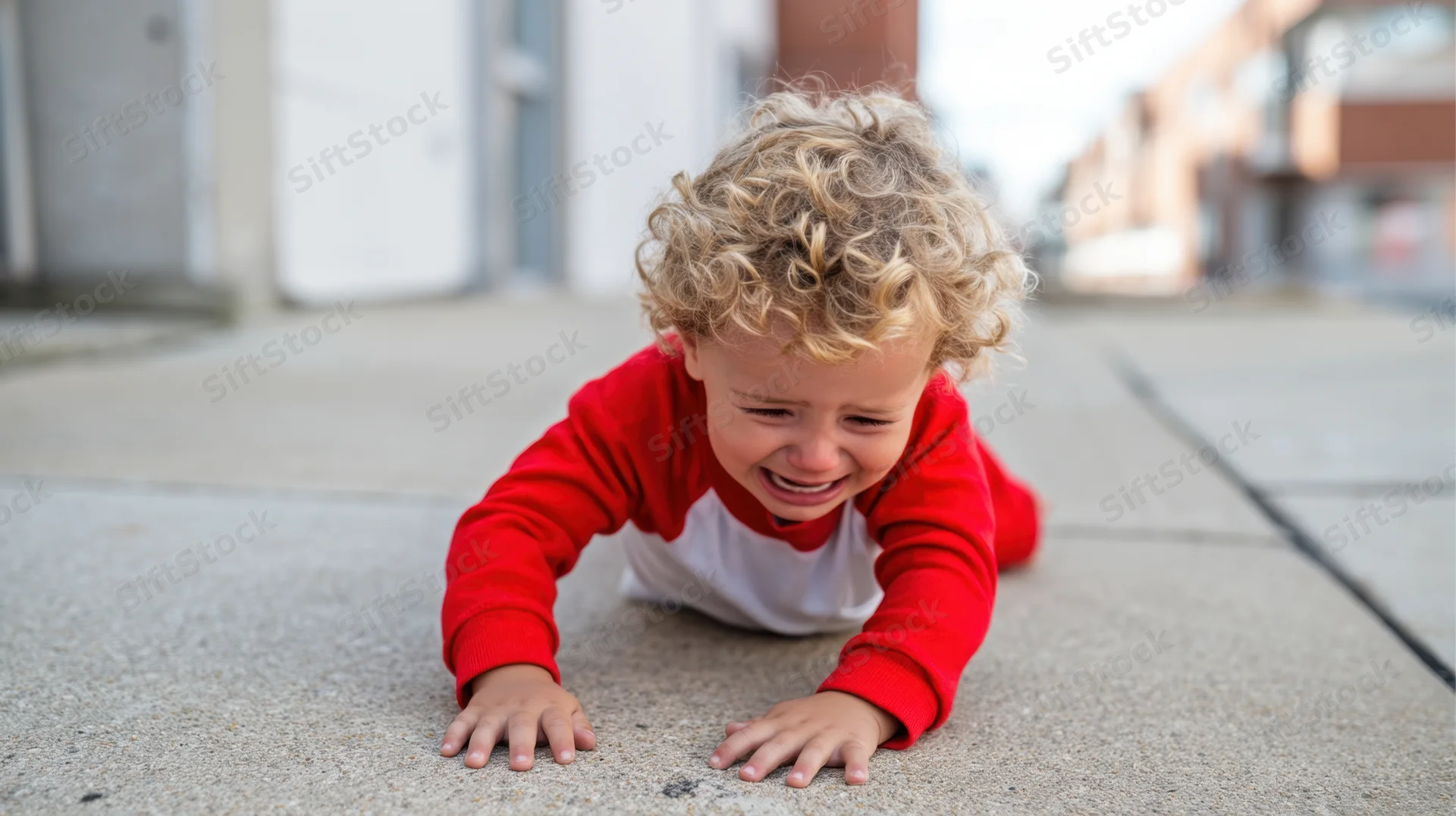 Crying toddler crawling on sidewalk in red and white pajamas