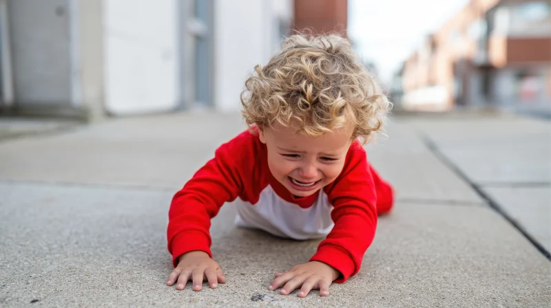 Crying toddler crawling on sidewalk in red and white pajamas