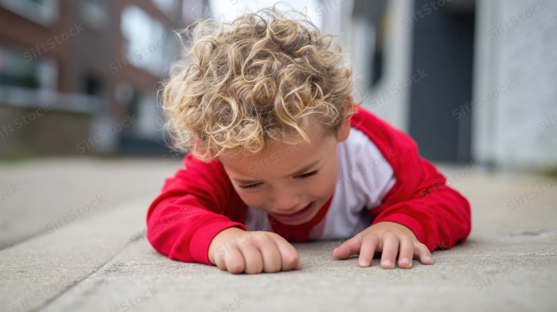 Young boy in red pajamas crawling on concrete sidewalk outdoors
