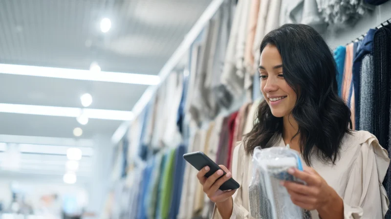 Young woman smiling while browsing clothing in a retail store holding smartphone and garment package