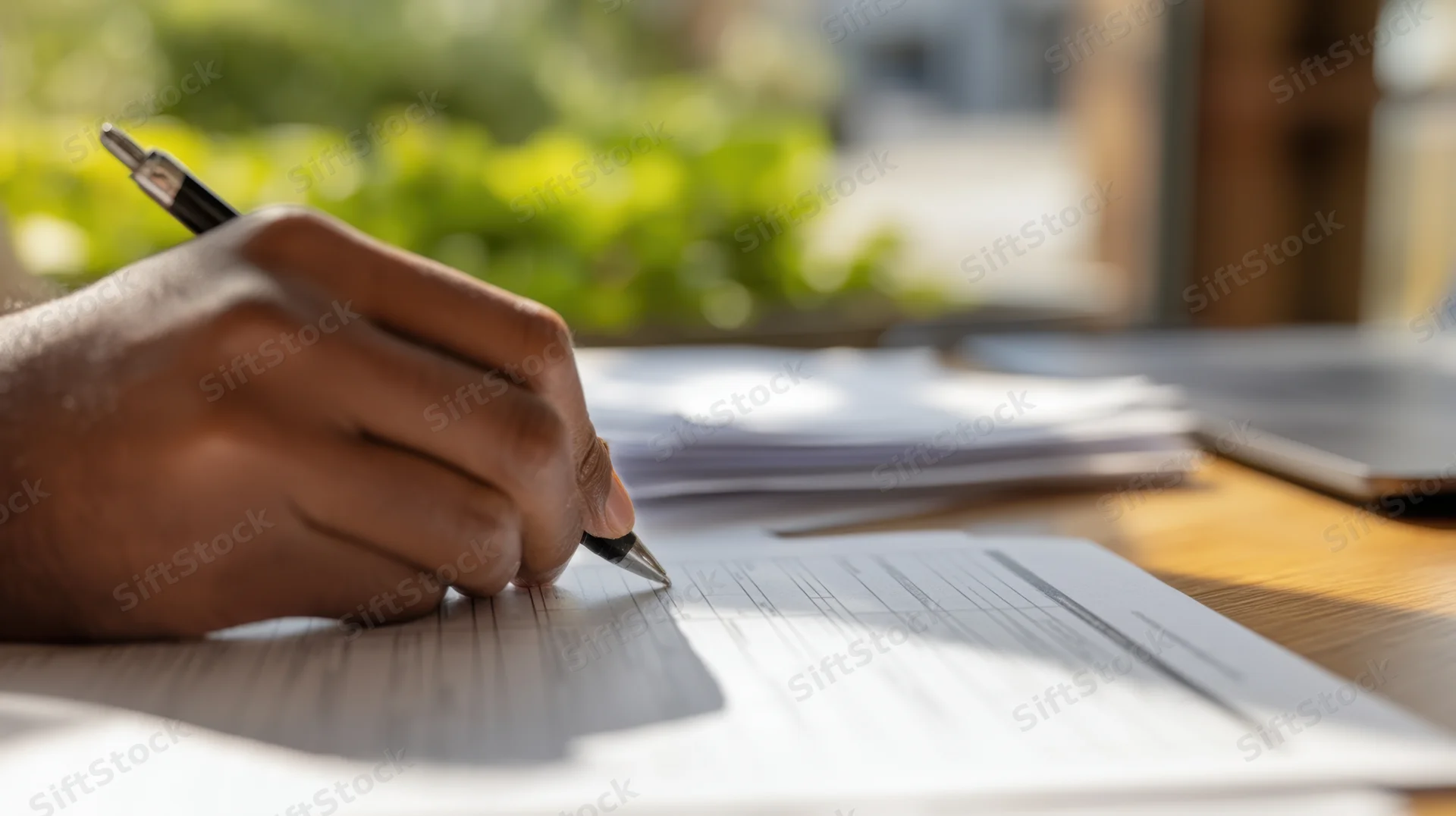 Hand writing with pen on document at wooden desk near window with greenery outside