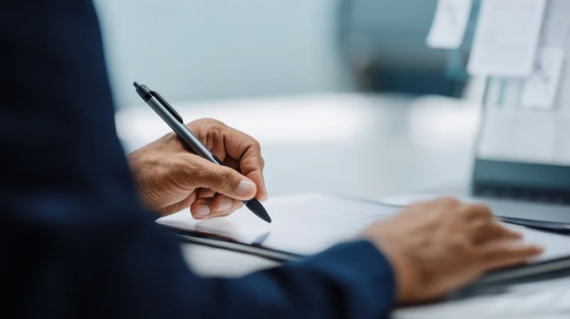 Close-up of a person's hand writing on a document with a smart pen at a desk in an office setting