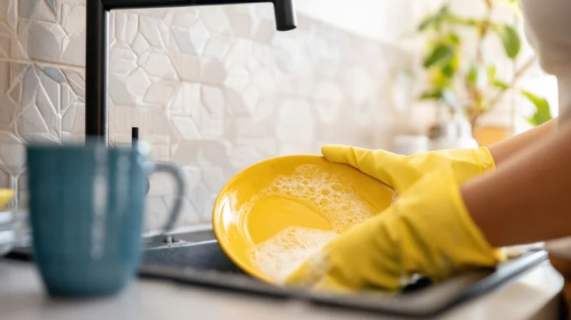 Woman washing a yellow plate with soap and sponge in kitchen sink