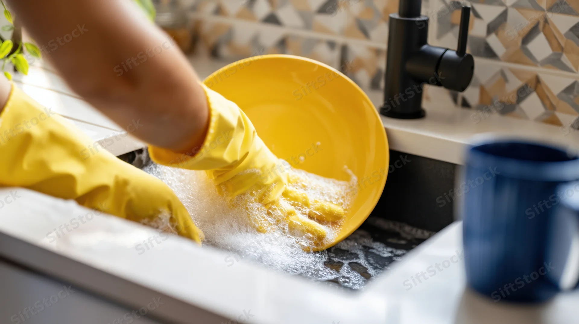 Woman washing dishes in kitchen sink with yellow gloves and soapy water