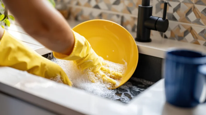 Woman washing dishes in kitchen sink with yellow gloves and soapy water