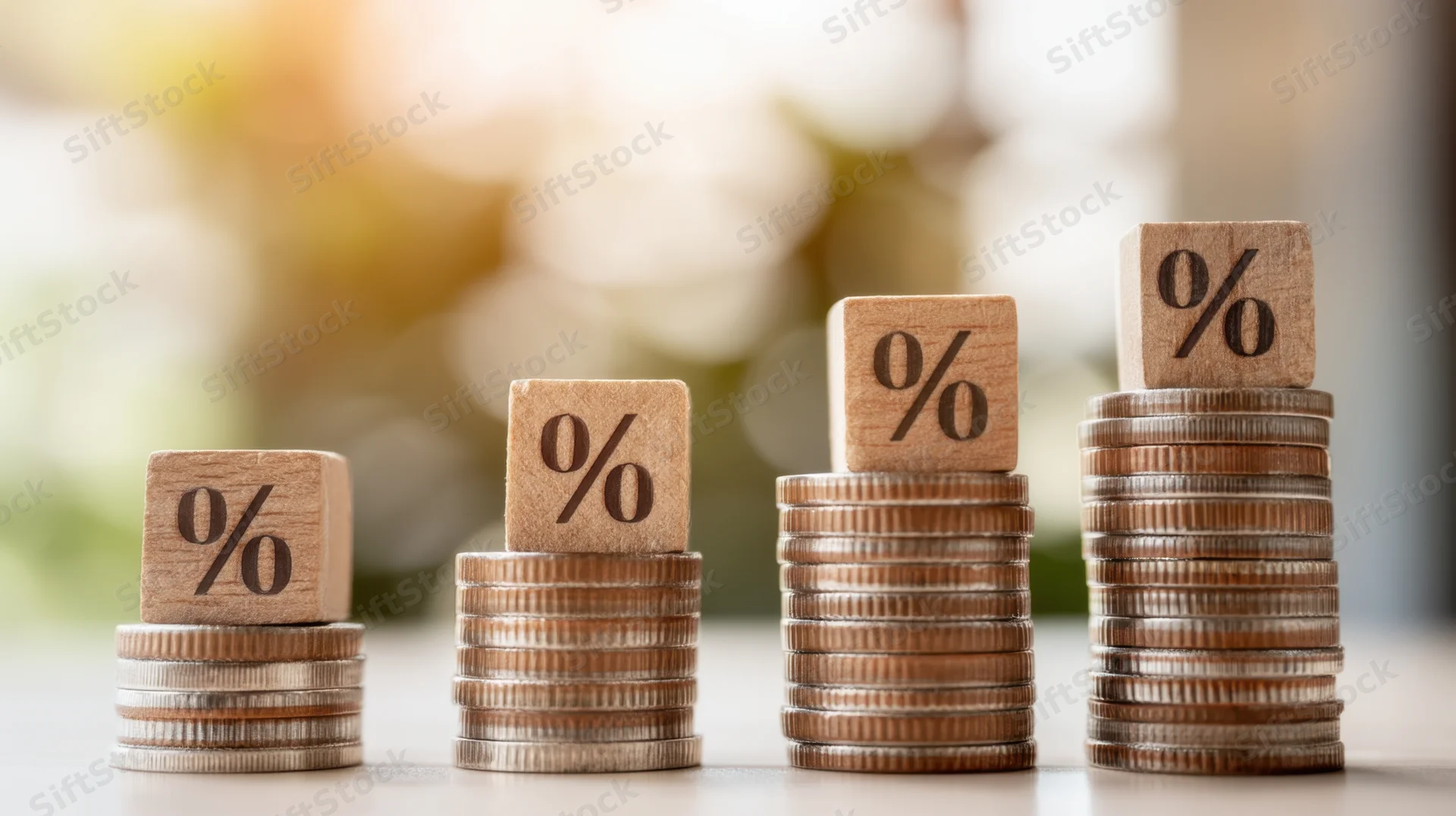 Four ascending stacks of coins each topped with a wooden block marked with a percentage symbol on a table with a blurred background