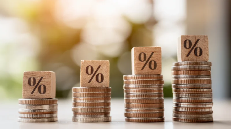 Four ascending stacks of coins each topped with a wooden block marked with a percentage symbol on a table with a blurred background