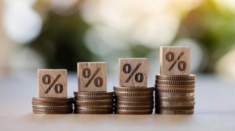 Four stacks of coins increasing in height each topped with a wooden block engraved with a percentage symbol on a wooden surface with blurred background