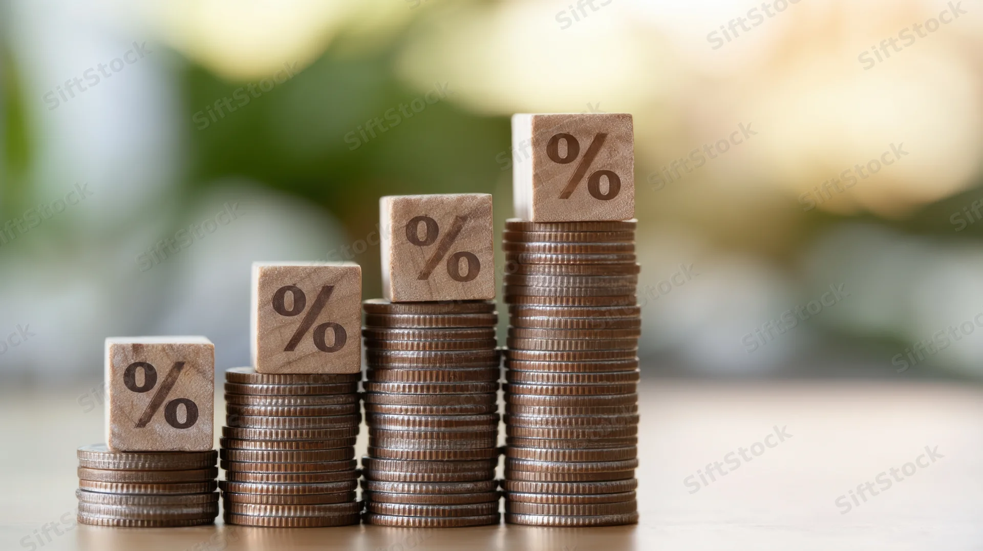 Four stacks of coins increasing in height each topped with a wooden block marked with a percentage symbol on a wooden table with blurred green background