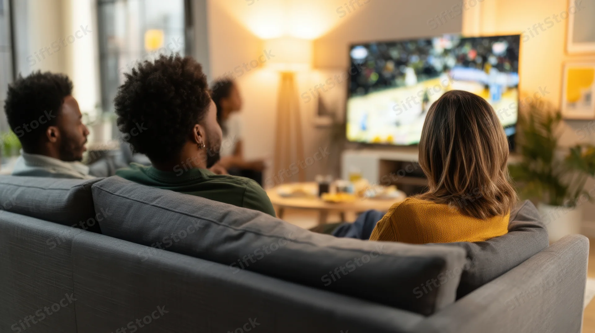Four friends watching a sports game on television from a couch in a cozy living room