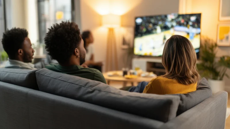 Four friends watching a sports game on television from a couch in a cozy living room