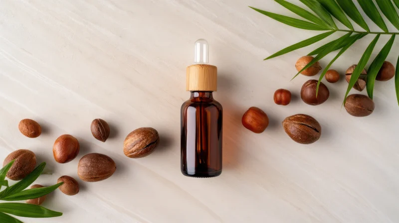 Dark amber glass dropper bottle with bamboo cap centered on white wooden surface surrounded by argan seeds and green palm leaves