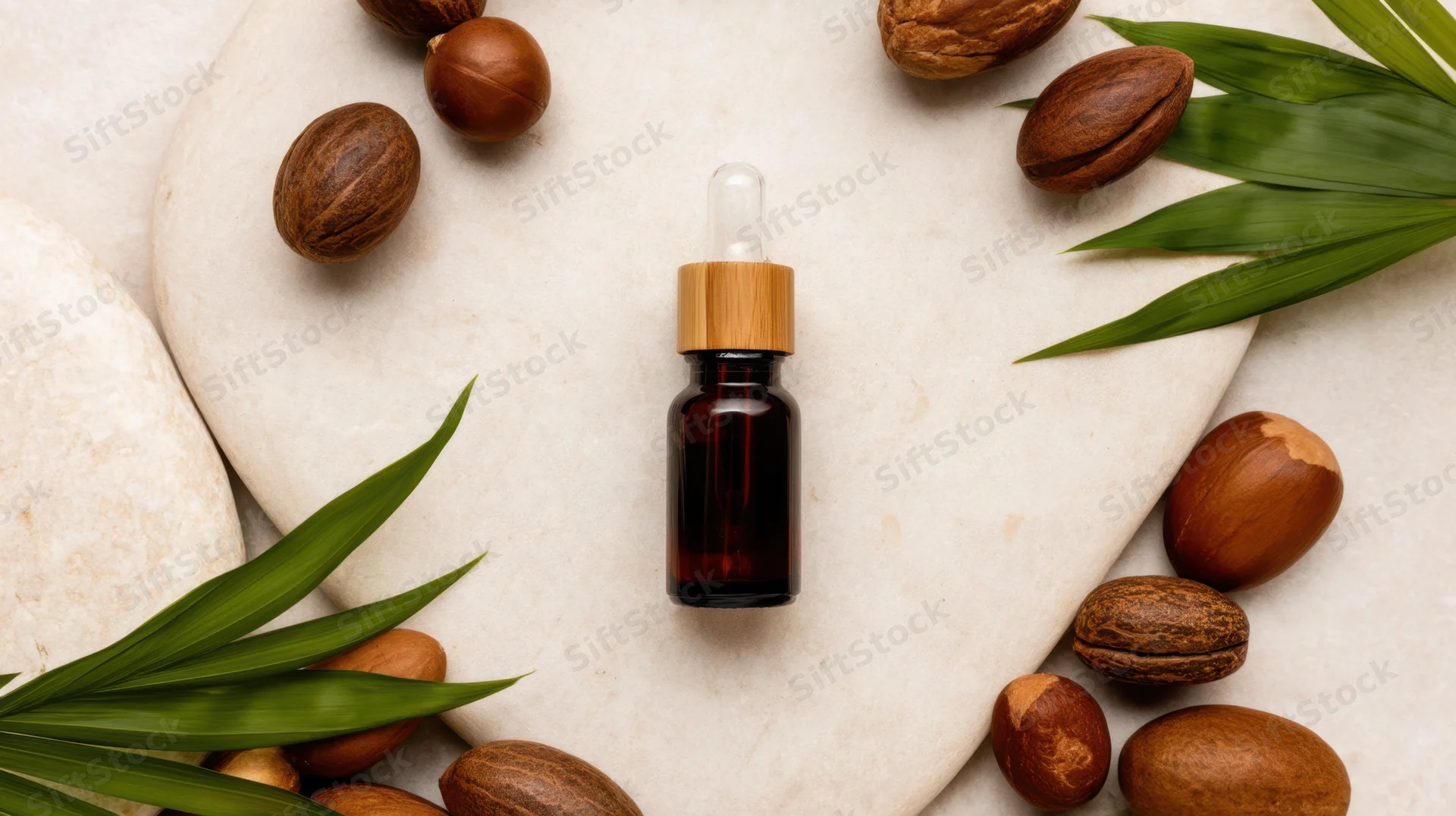 Dark amber glass dropper bottle with wooden cap centered on stone surface surrounded by argan nuts and green palm leaves