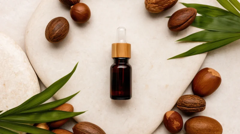 Dark amber glass dropper bottle with wooden cap centered on stone surface surrounded by argan nuts and green palm leaves