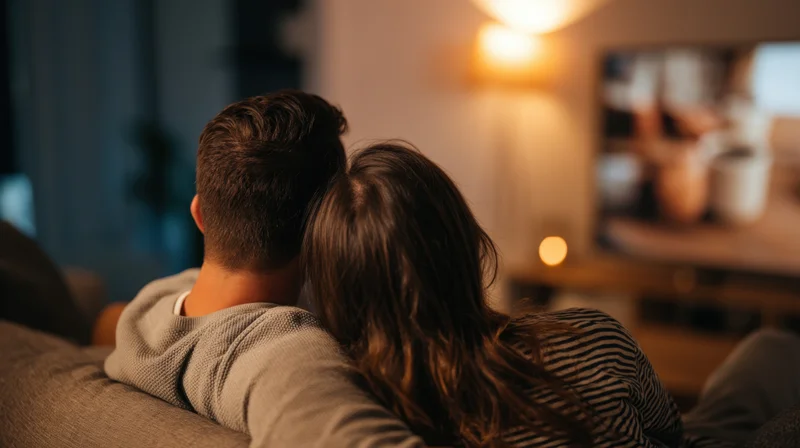 Couple sitting close on couch watching television in dimly lit living room