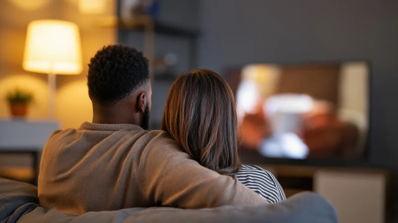 Couple sitting on couch watching television in dimly lit living room