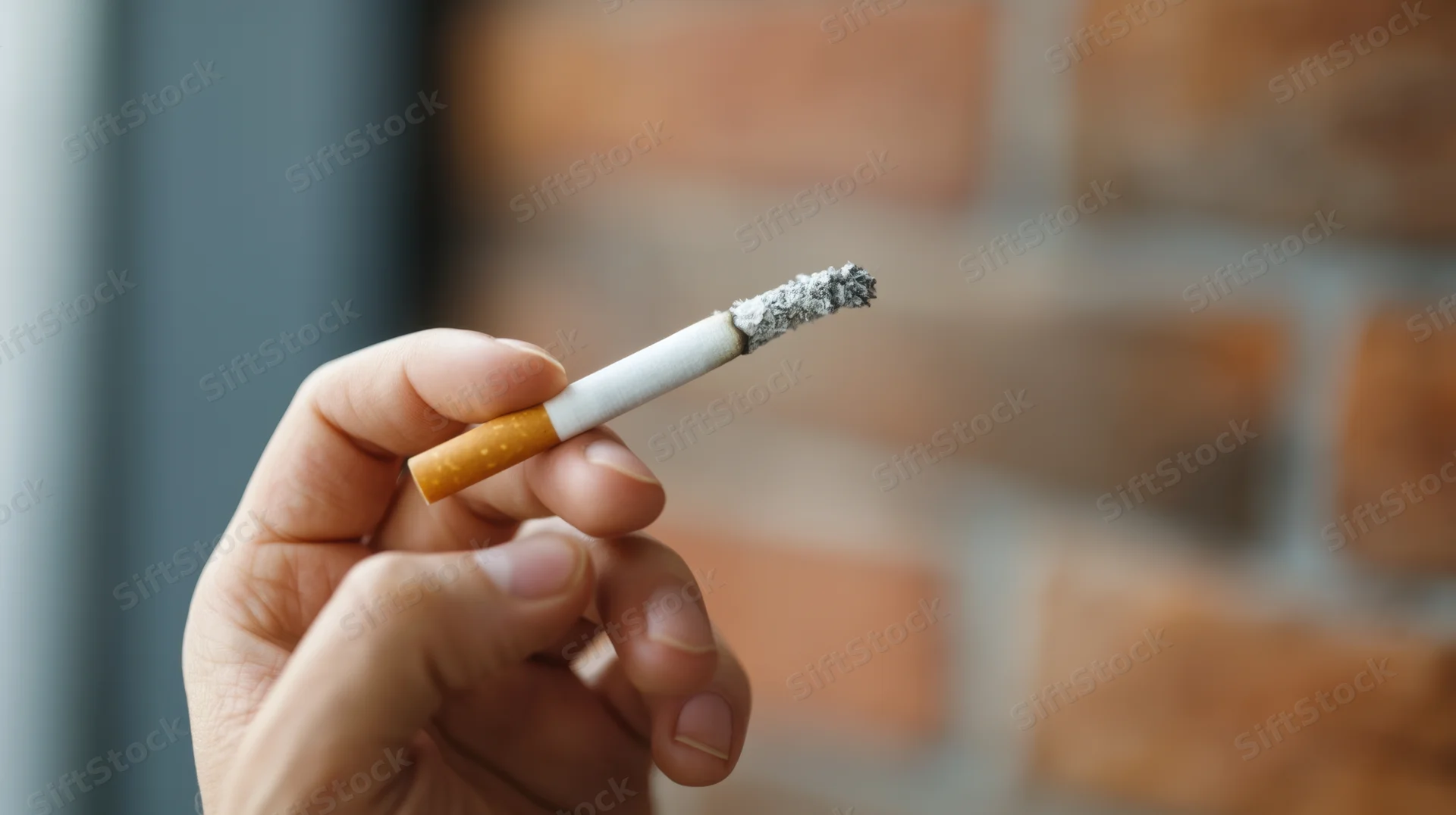 Hand holding a lit cigarette with ash against a brick wall background