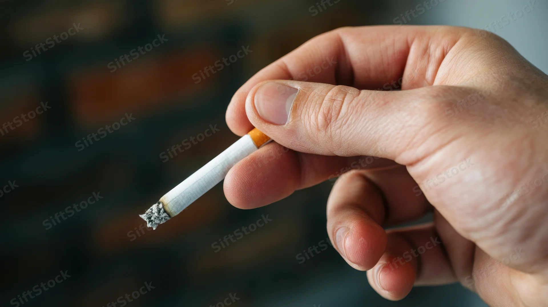 Hand holding a lit cigarette with ash and ember, close-up view