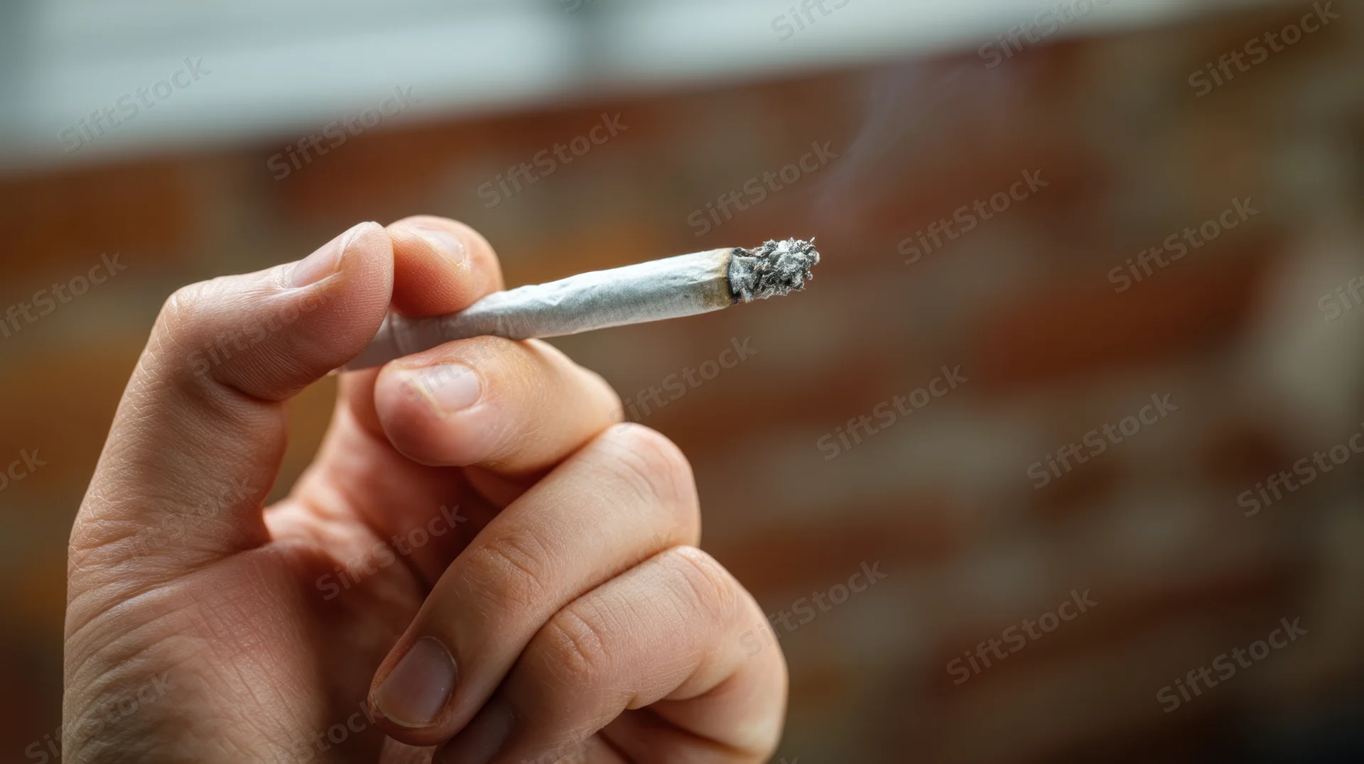 Hand holding a lit cigarette with ash and smoke against a blurred background