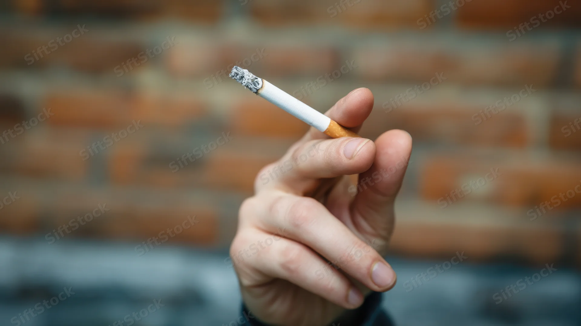 Hand holding a lit cigarette between fingers against a blurred brick wall