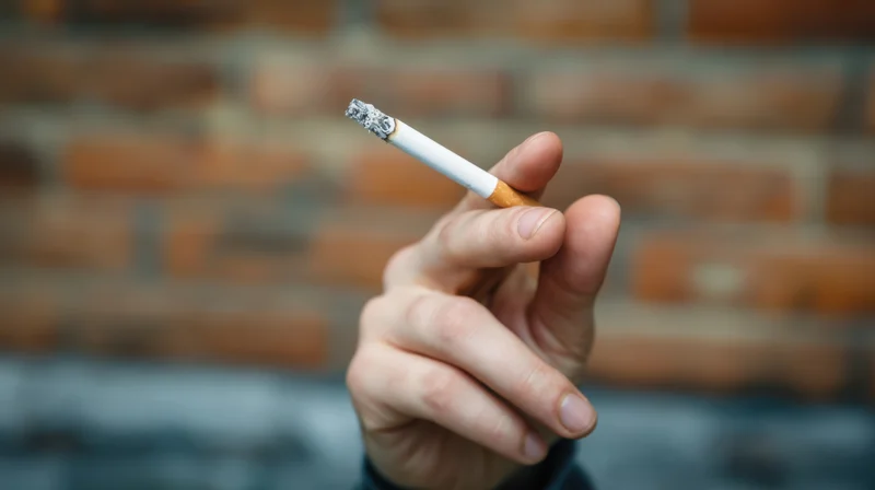 Hand holding a lit cigarette between fingers against a blurred brick wall