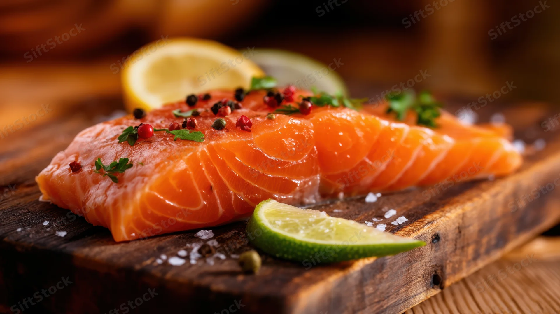 Fresh salmon fillet garnished with herbs, citrus, and spices on a wooden cutting board