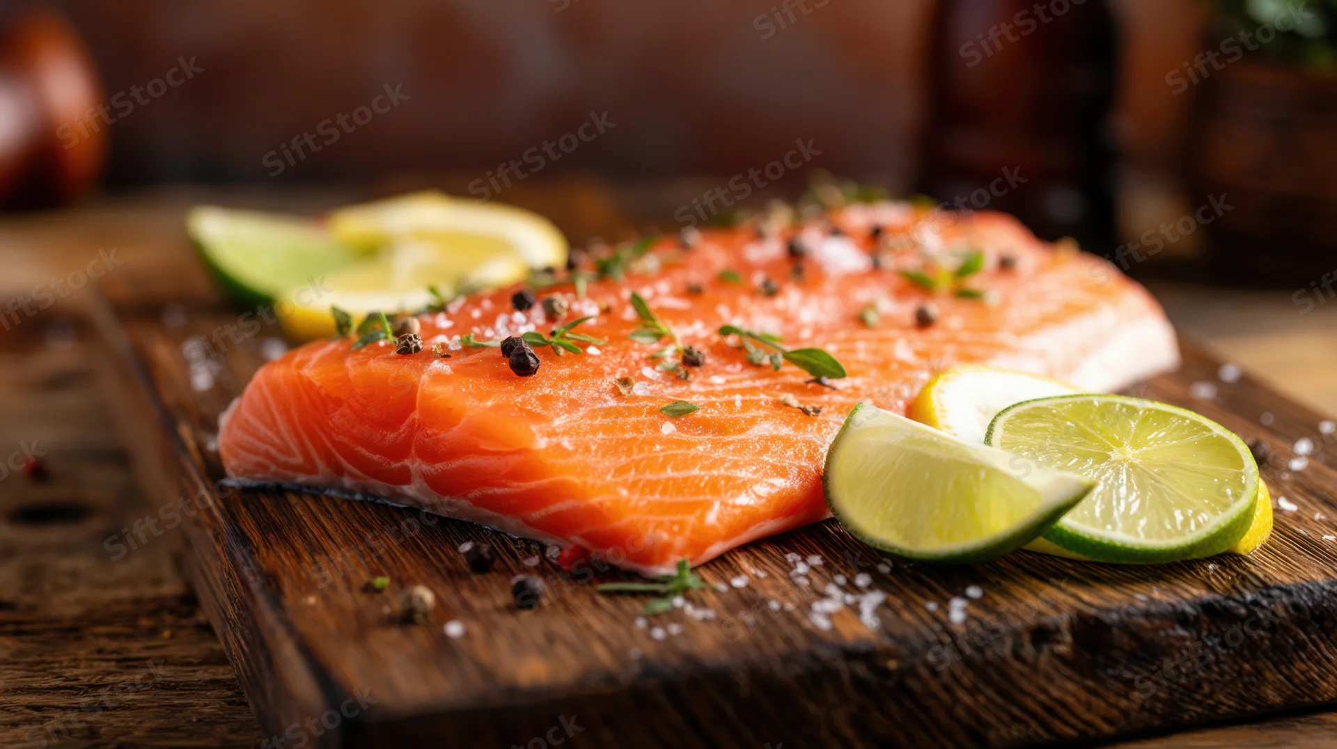 Raw salmon fillet seasoned with herbs, salt, pepper, and citrus slices on a wooden cutting board