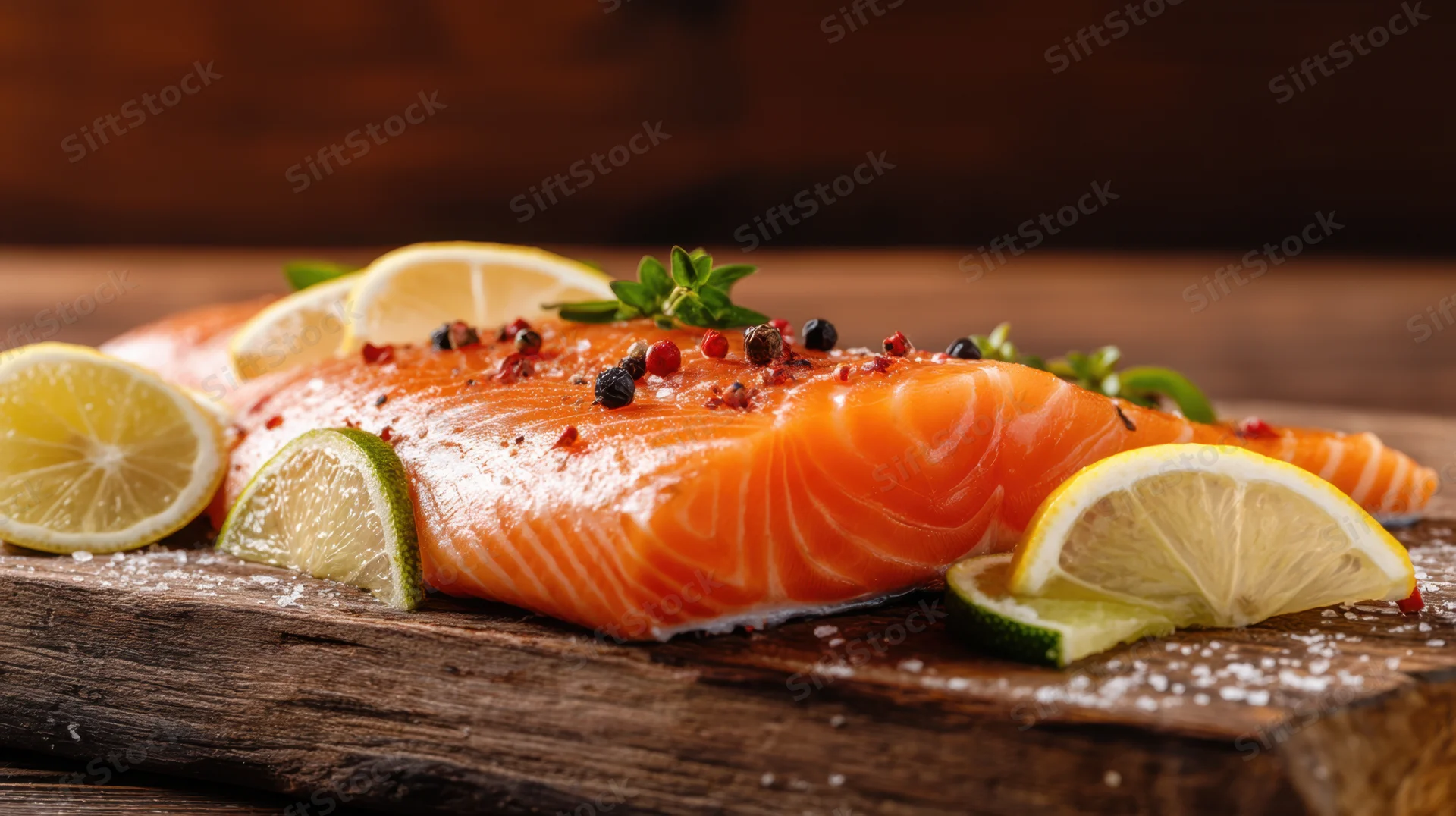 Fresh raw salmon fillet garnished with lemon lime herbs and pepper on wooden cutting board