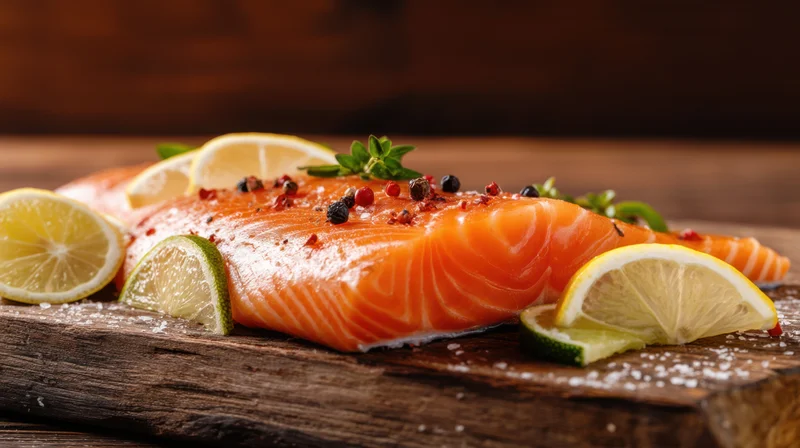 Fresh raw salmon fillet garnished with lemon lime herbs and pepper on wooden cutting board