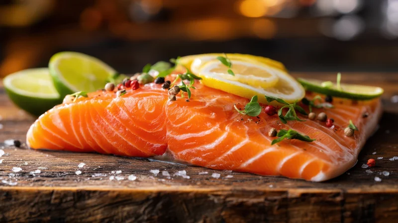 Fresh raw salmon fillet garnished with lemon lime herbs and spices on wooden board