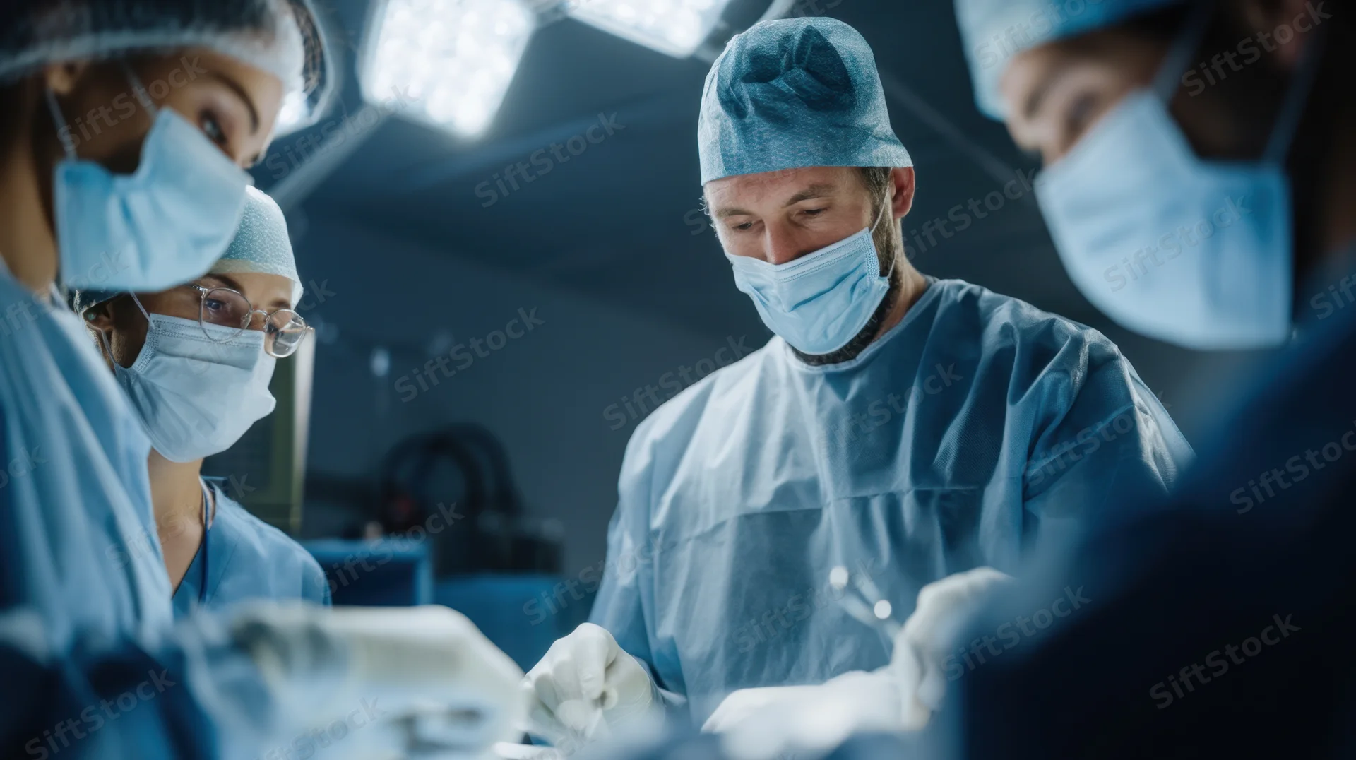 Surgical team performing operation in operating room with focused concentration