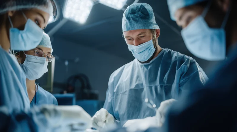 Surgical team performing operation in operating room with focused concentration