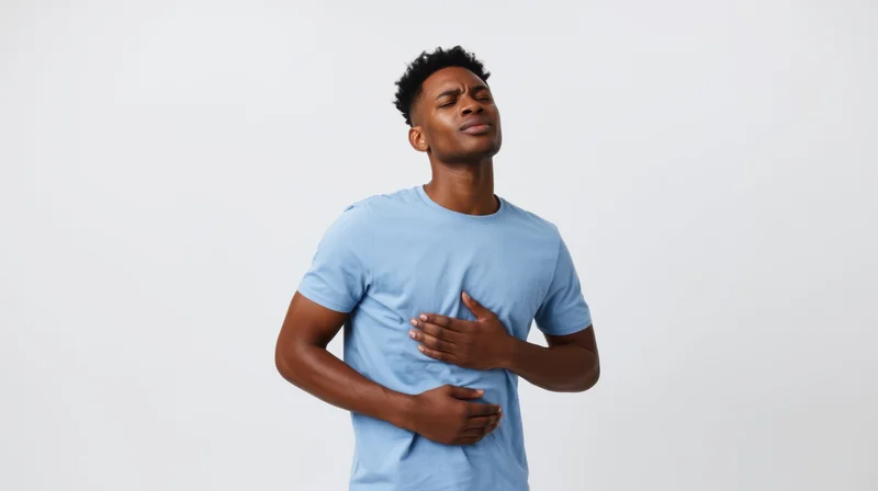 Young black man holding chest with hand, eyes closed, showing discomfort in studio setting
