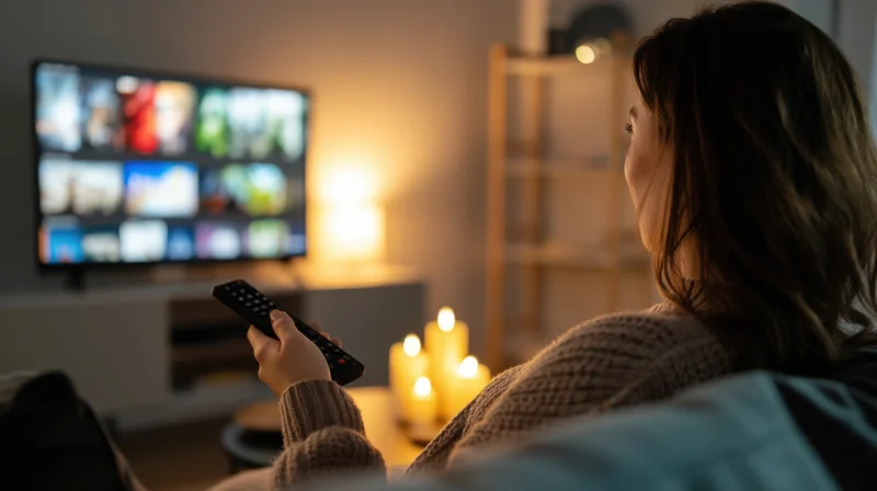Woman sitting on couch using remote to browse streaming content on television in dimly lit living room with candles and soft lighting