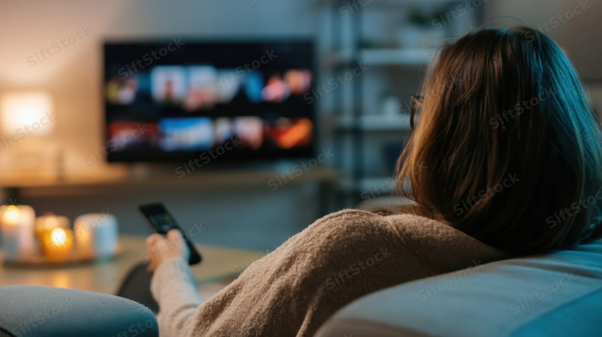 Woman sitting on couch watching streaming content on television in living room