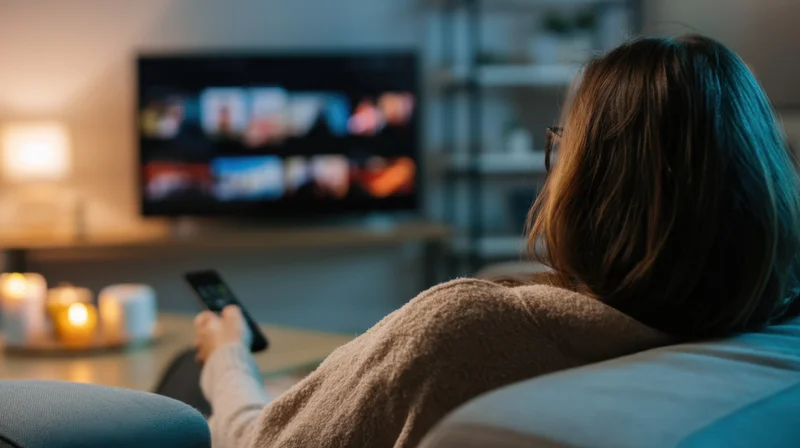 Woman sitting on couch watching streaming content on television in living room