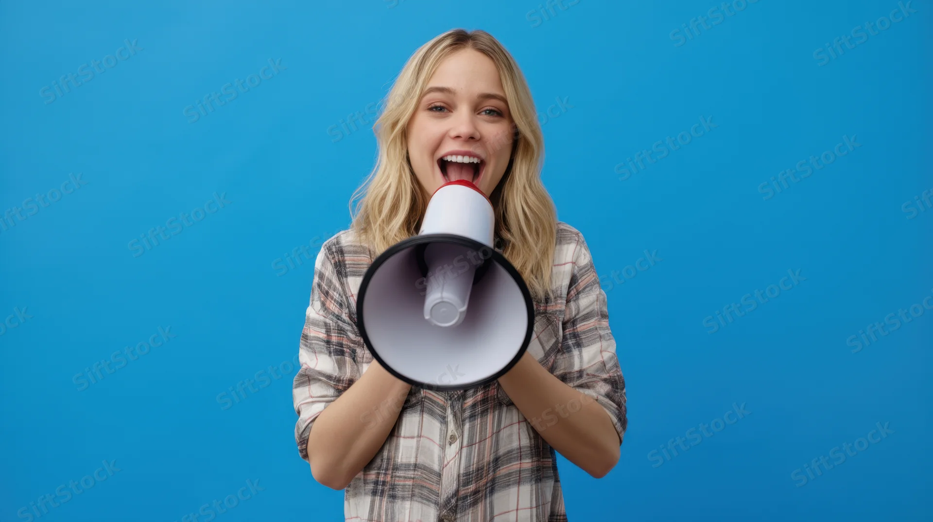 Young woman shouting into a megaphone against a blue background