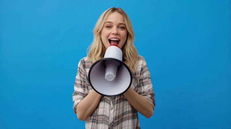 Young woman shouting into a megaphone against a blue background