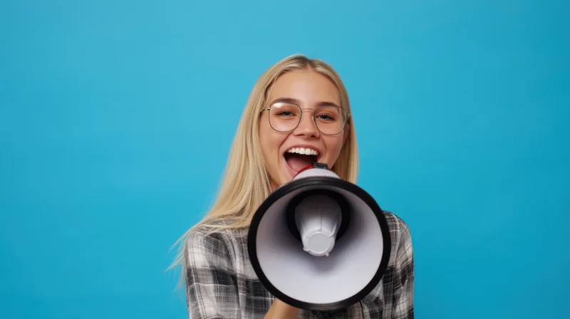 Young woman laughing while holding a megaphone against a blue background