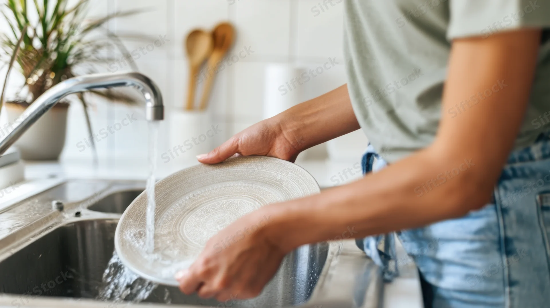 Woman washing a ceramic plate under running water in kitchen sink